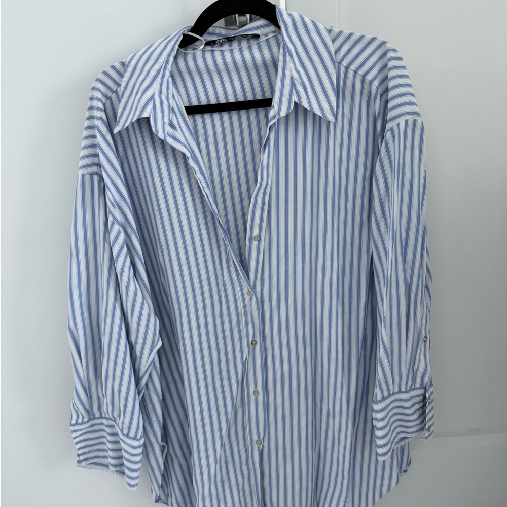 Zara Blue and White Striped Button Down Shirt